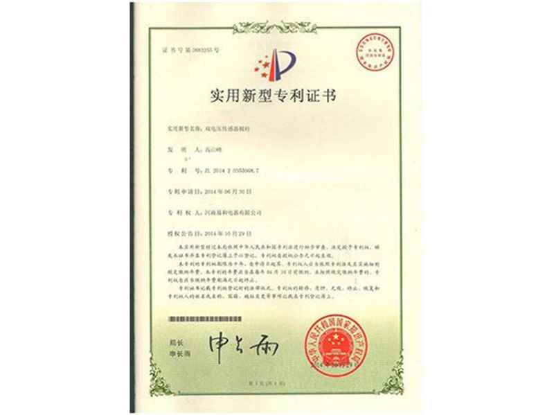 雙電(dian)壓傳(chuan)感器(qi)極柱專(zhuan)利證書