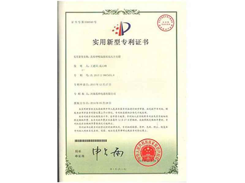 具(ju)有(yǒu)呼吸(xi)隔膜的(de)高(gao)壓開關箱專(zhuan)利證書