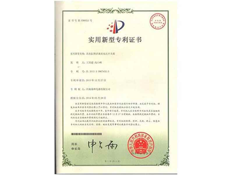 具(ju)有(yǒu)缸(gang)筒活塞的(de)高(gao)壓開關箱專(zhuan)利證書